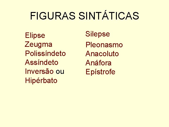 FIGURAS SINTÁTICAS Elipse Zeugma Polissíndeto Assíndeto Inversão ou Hipérbato Silepse Pleonasmo Anacoluto Anáfora Epístrofe