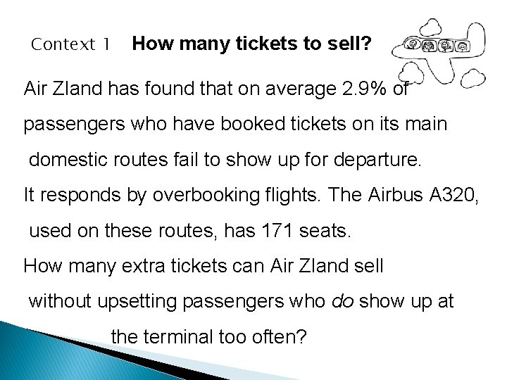 Context 1 How many tickets to sell? Air Zland has found that on average