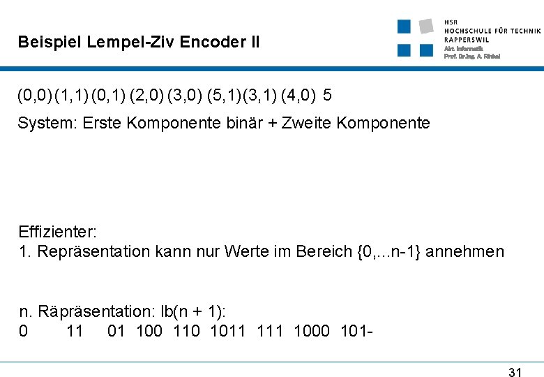 Beispiel Lempel-Ziv Encoder II Abt. Informatik Prof. Dr. Ing. A. Rinkel (0, 0) (1,