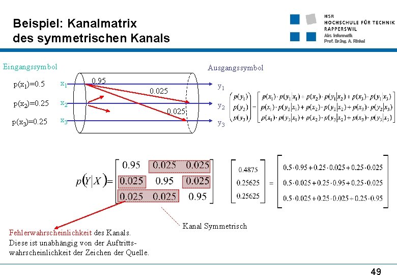 Beispiel: Kanalmatrix des symmetrischen Kanals Abt. Informatik Prof. Dr. Ing. A. Rinkel Eingangssymbol Ausgangssymbol