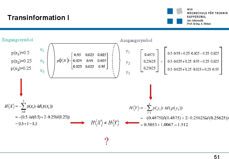 Transinformation I Abt. Informatik Prof. Dr. Ing. A. Rinkel Eingangssymbol Ausgangssymbol x 1 y