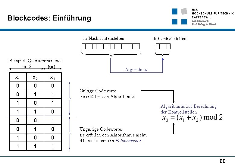 Blockcodes: Einführung Abt. Informatik Prof. Dr. Ing. A. Rinkel m Nachrichtenstellen Beispiel: Quersummencode m=2