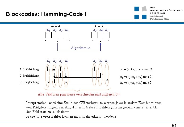 Blockcodes: Hamming-Code I m = 4 x 1 x 2 x 3 x 4