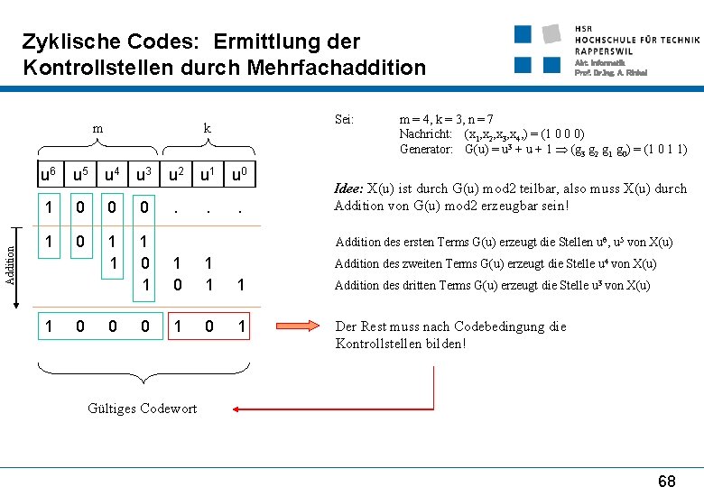 Zyklische Codes: Ermittlung der Kontrollstellen durch Mehrfachaddition Addition m Sei: k Abt. Informatik Prof.