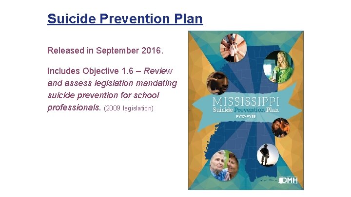 Suicide Prevention Plan Released in September 2016. Includes Objective 1. 6 – Review and