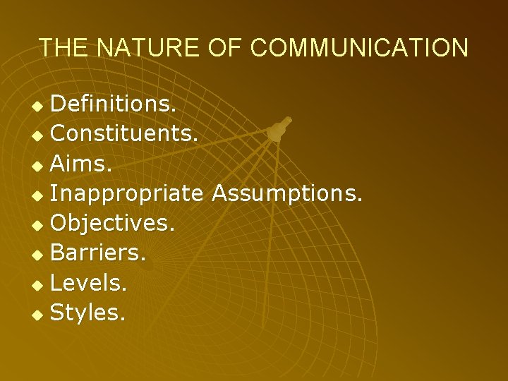 THE NATURE OF COMMUNICATION Definitions. u Constituents. u Aims. u Inappropriate Assumptions. u Objectives.