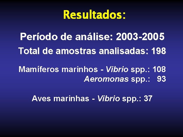 Resultados: Período de análise: 2003 -2005 Total de amostras analisadas: 198 Mamíferos marinhos -