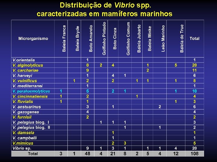 Distribuição de Vibrio spp. caracterizadas em mamíferos marinhos 