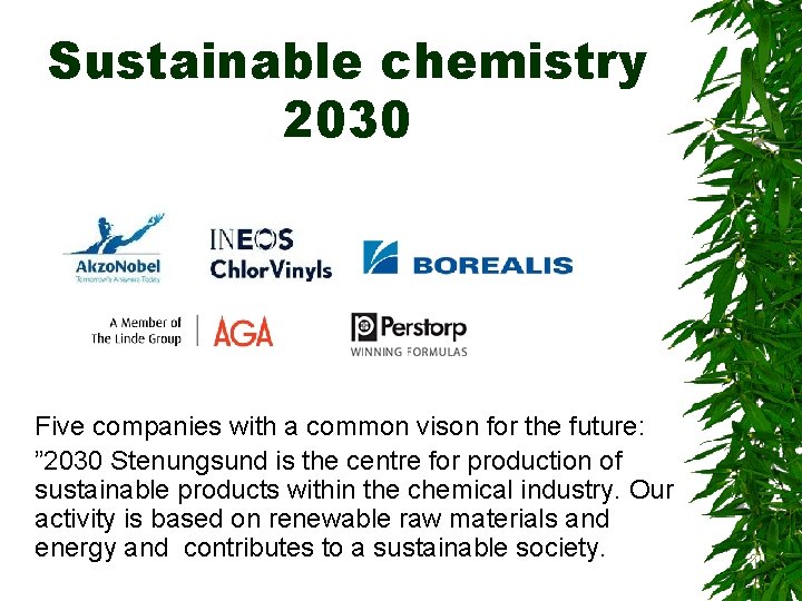 Sustainable chemistry 2030 Five companies with a common vison for the future: ” 2030