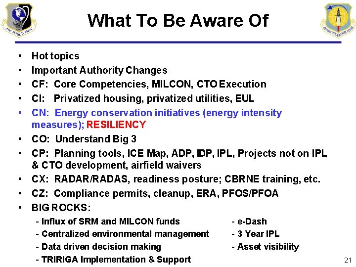 What To Be Aware Of • • • Hot topics Important Authority Changes CF: What To Be Aware Of • • • Hot topics Important Authority Changes CF: