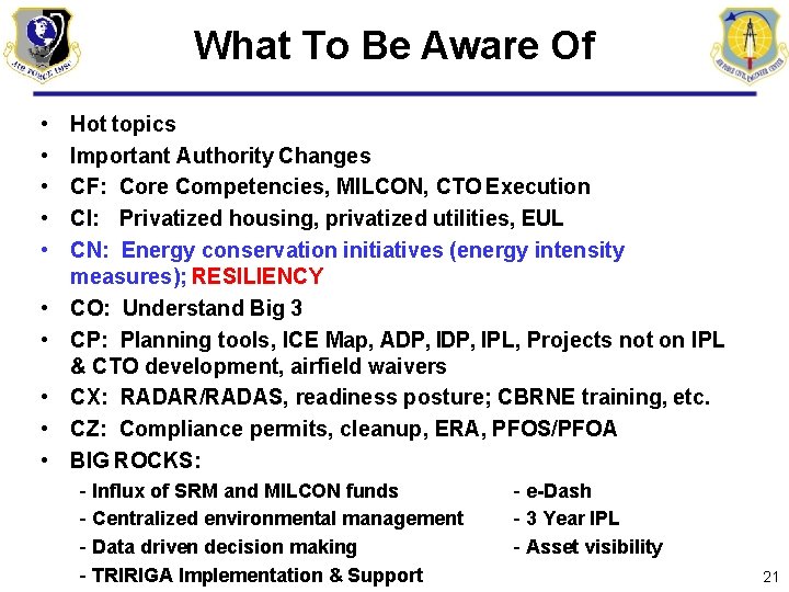 What To Be Aware Of • • • Hot topics Important Authority Changes CF: