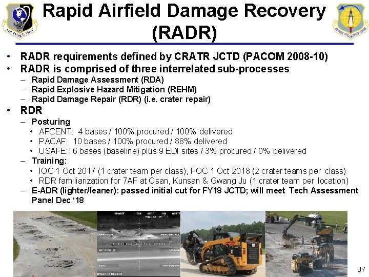 Rapid Airfield Damage Recovery (RADR) • RADR requirements defined by CRATR JCTD (PACOM 2008 Rapid Airfield Damage Recovery (RADR) • RADR requirements defined by CRATR JCTD (PACOM 2008