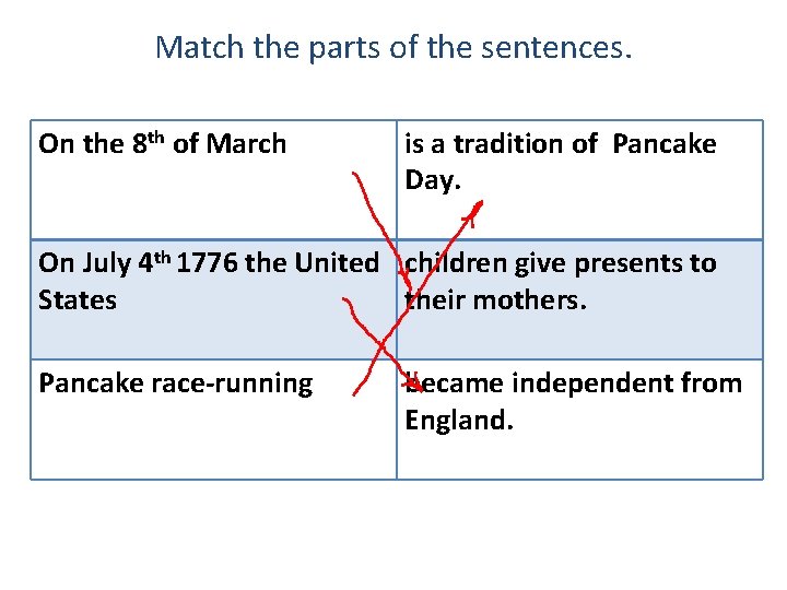 Match the parts of the sentences. On the 8 th of March is a