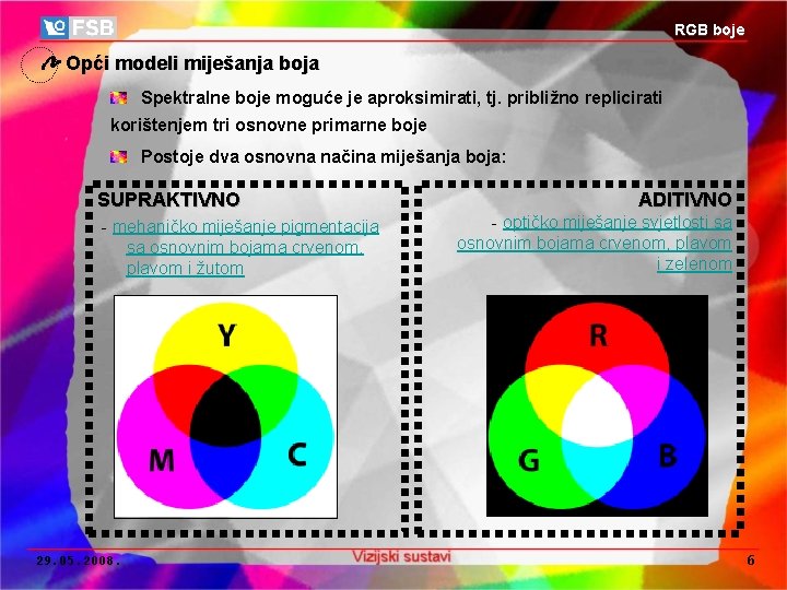 RGB boje Opći modeli miješanja boja Spektralne boje moguće je aproksimirati, tj. približno replicirati