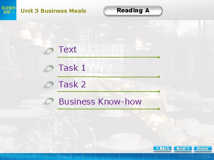 职业综合 英语 1 Unit 3 Business Meals Reading A Readi ng A Text Task