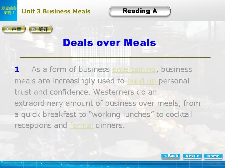 职业综合 英语 1 Unit 3 Business Meals Text A Reading A -1 Deals over