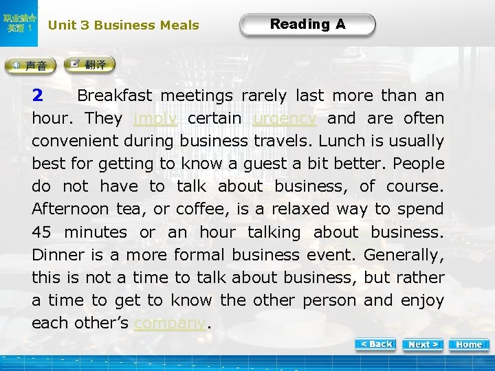 职业综合 英语 1 Unit 3 Business Meals Text A Reading A -2 2 Breakfast