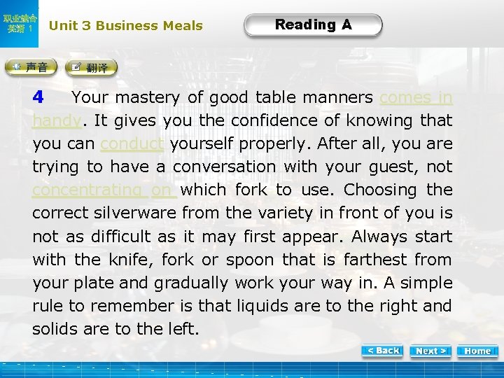 职业综合 英语 1 Unit 3 Business Meals Text Reading A A-4 4 Your mastery