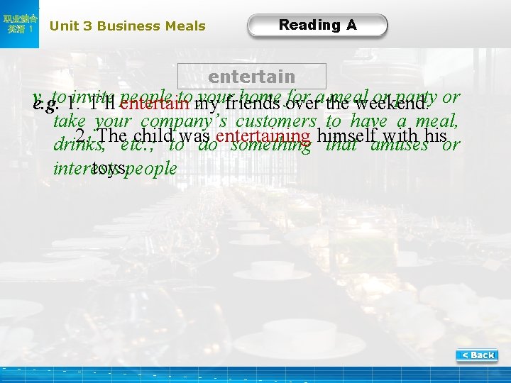 职业综合 英语 1 Unit 3 Business Meals Reading A entertain ve. g. . to