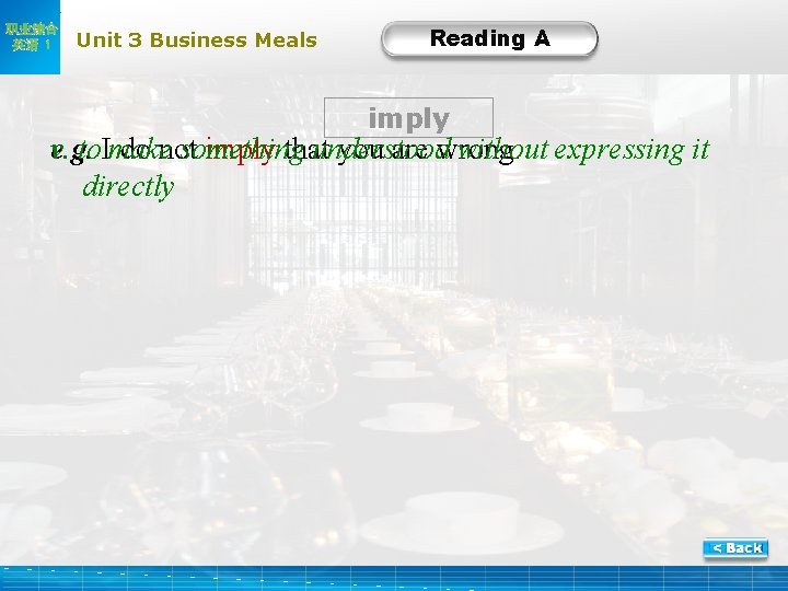 职业综合 英语 1 Unit 3 Business Meals Reading A imply e. g. do not