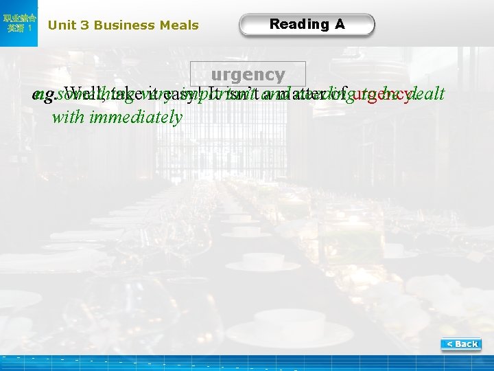 职业综合 英语 1 Unit 3 Business Meals Reading A urgency e. g. Well, takevery