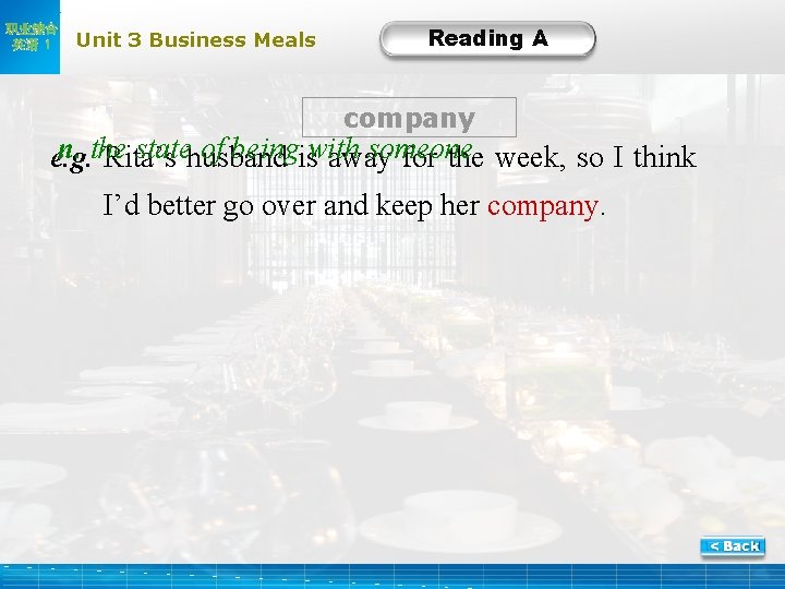 职业综合 英语 1 Unit 3 Business Meals Reading A company n. the statehusband of