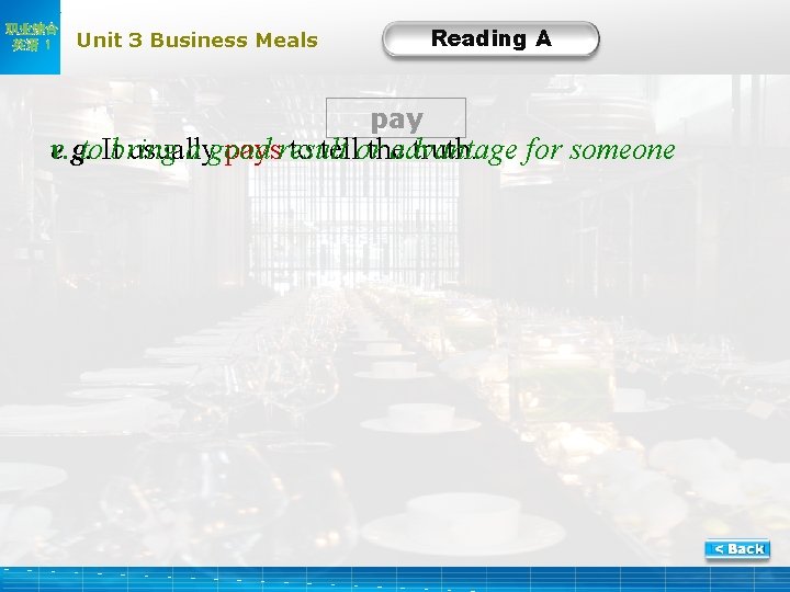 职业综合 英语 1 Reading A Unit 3 Business Meals pay e. g. v. to.