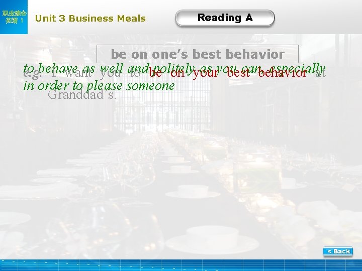 职业综合 英语 1 Unit 3 Business Meals Reading A be on one’s best behavior