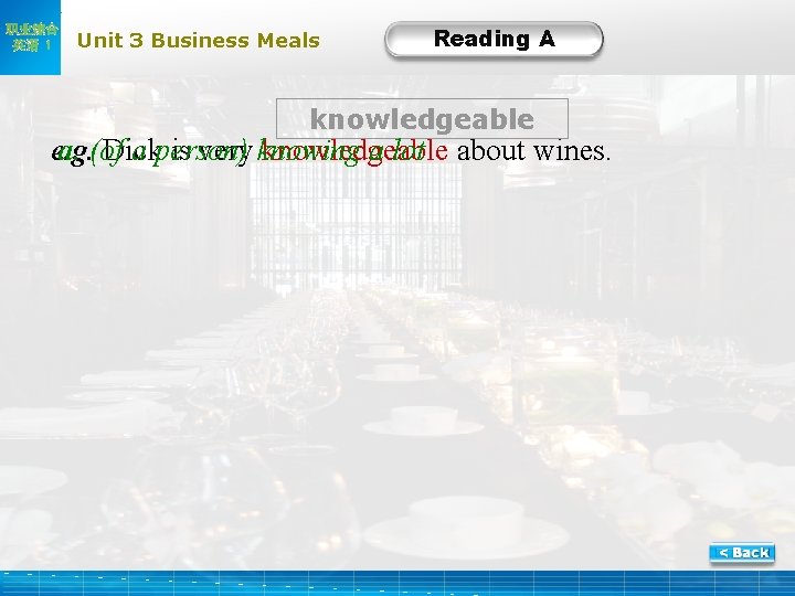 职业综合 英语 1 Unit 3 Business Meals Reading A knowledgeable e. g. a. (of