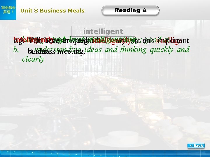职业综合 英语 1 Unit 3 Business Meals Reading A intelligently adto. level in an