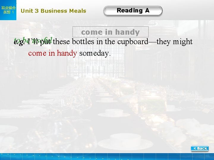 职业综合 英语 1 Unit 3 Business Meals Reading A come in handy to be.