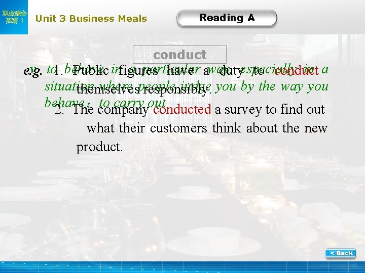 职业综合 英语 1 Unit 3 Business Meals Reading A conduct v. . to 1.