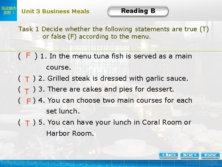 职业综合 英语 1 Unit 3 Business Meals Reading B B-Task 1 Decide whether the