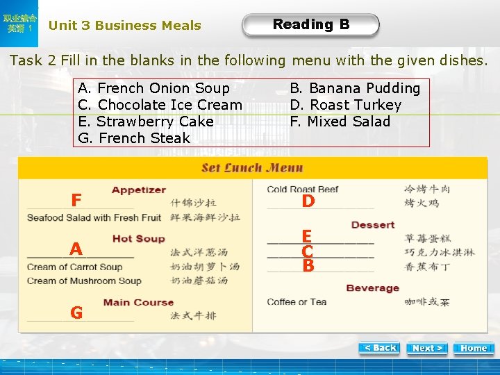 职业综合 英语 1 Unit 3 Business Meals Reading B B-Task 2 Fill in the