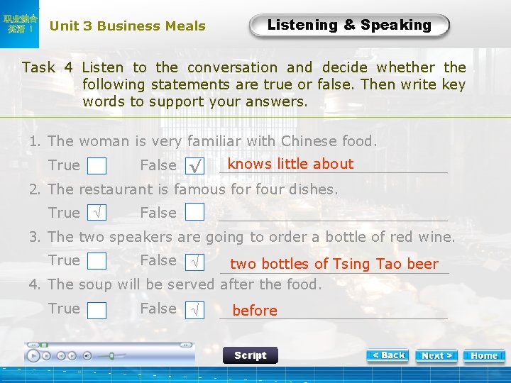 职业综合 英语 1 Unit 3 Business Meals Listening & Speaking L-Task 4 Listen to