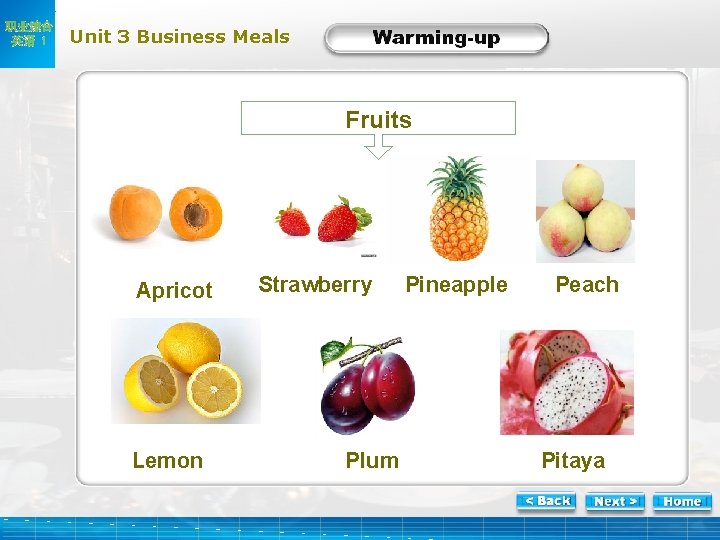 职业综合 英语 1 Unit 3 Business Meals Warm-2 Fruits Apricot Lemon Strawberry Plum Pineapple