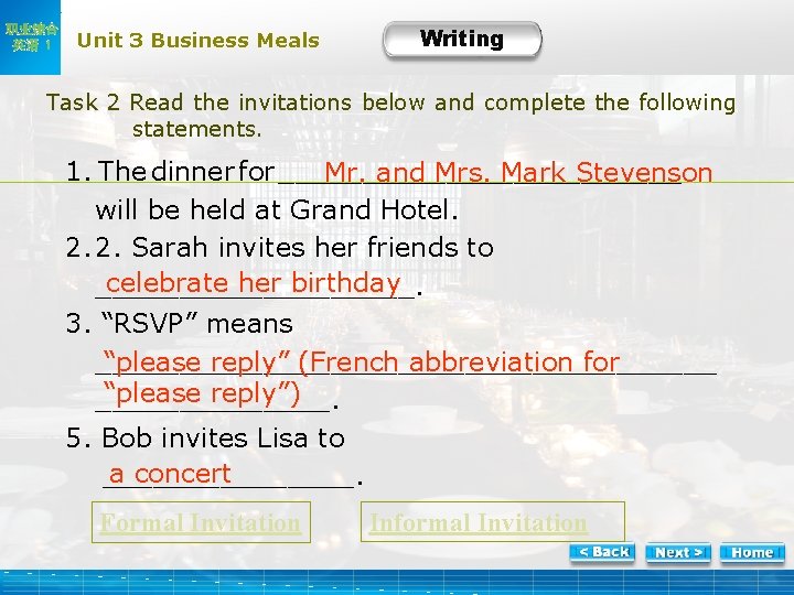 职业综合 英语 1 Unit 3 Business Meals Writing W-Task 2 Read the invitations below