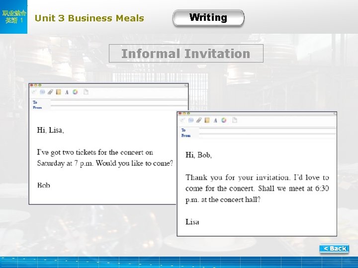 职业综合 英语 1 Unit 3 Business Meals Writing Informal Invitation 