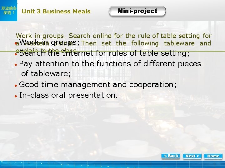 职业综合 英语 1 Unit 3 Business Meals Mini-project Work in groups. Search online for