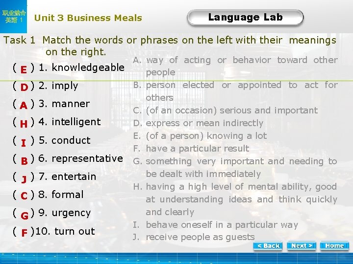 职业综合 英语 1 Unit 3 Business Meals Language Lab LL-Task 1 Match the words