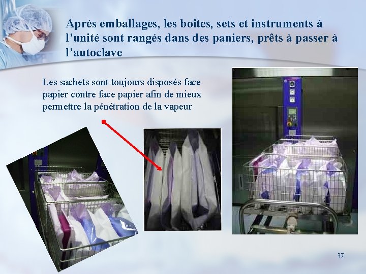 Après emballages, les boîtes, sets et instruments à l’unité sont rangés dans des paniers,