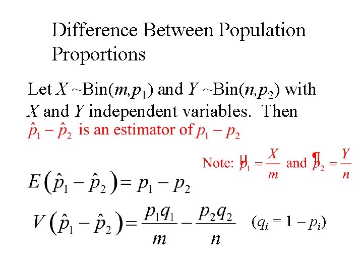 Difference Between Population Proportions Let X ~Bin(m, p 1) and Y ~Bin(n, p 2)