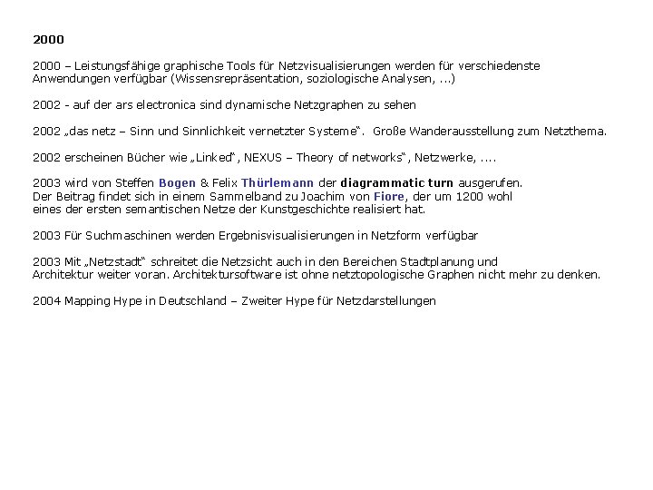 2000 – Leistungsfähige graphische Tools für Netzvisualisierungen werden für verschiedenste Anwendungen verfügbar (Wissensrepräsentation, soziologische