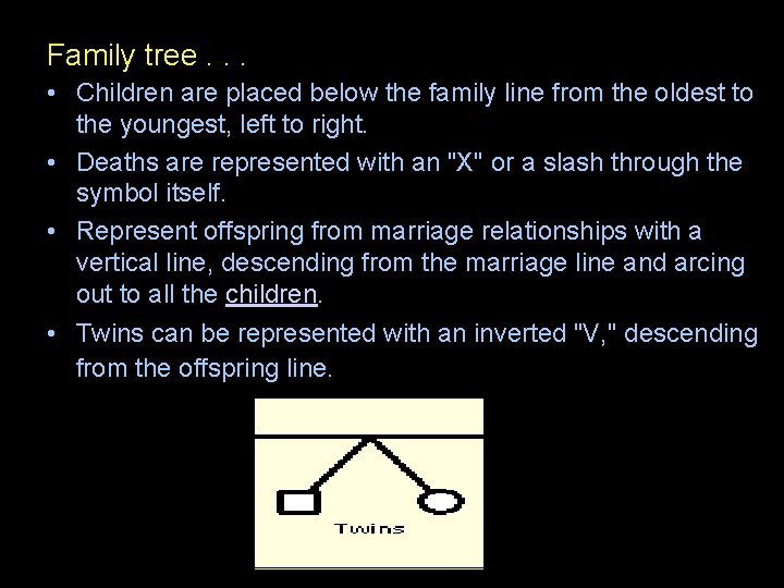 Family tree. . . • Children are placed below the family line from the