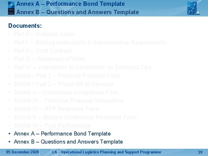 Annex A – Performance Bond Template Annex B – Questions and Answers Template Documents: