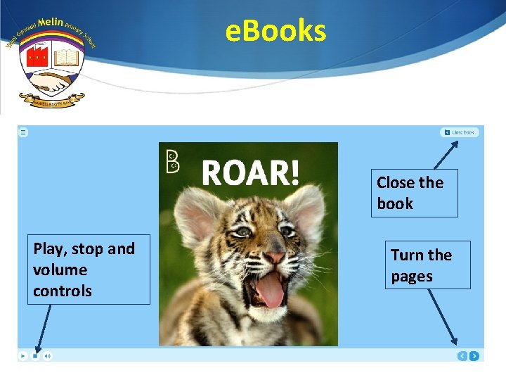e. Books Close the book Play, stop and volume controls Turn the pages 