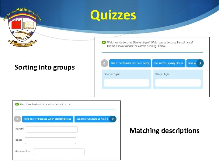 Quizzes Sorting into groups Matching descriptions 