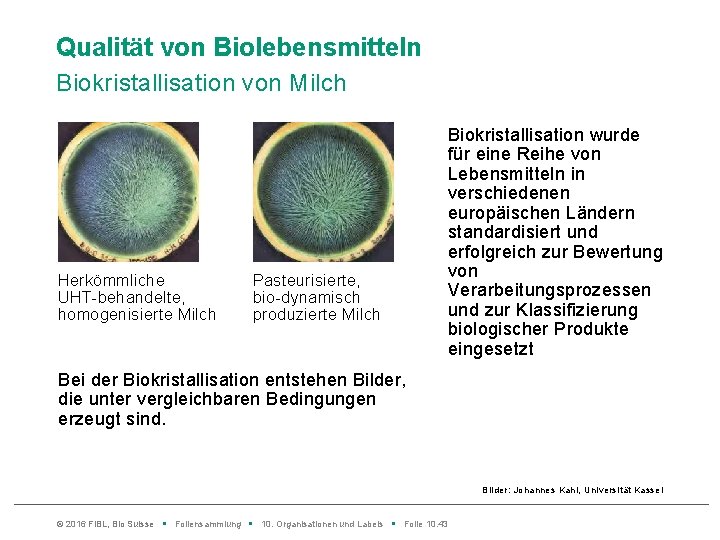 Qualität von Biolebensmitteln Biokristallisation von Milch Herkömmliche UHT-behandelte, homogenisierte Milch Pasteurisierte, bio-dynamisch produzierte Milch