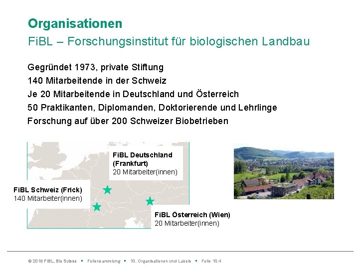 Organisationen Fi. BL – Forschungsinstitut für biologischen Landbau Gegründet 1973, private Stiftung 140 Mitarbeitende