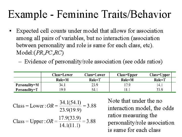 Example - Feminine Traits/Behavior • Expected cell counts under model that allows for association